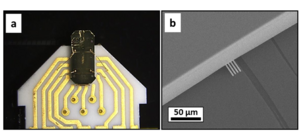 Fig. 2: a) General view of a μ4PP probe chip, with the ceramic substrate, the Ag/Pd connector strips and the Si base connected to the four cantilevers; b) SEM micrograph of the four Au covered SiO2 cantilevers correctly landed on the thin-�film surface.