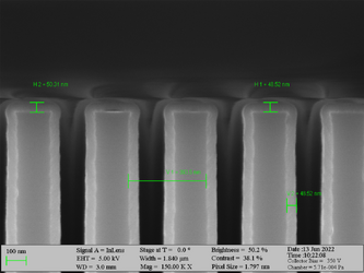 Deposition of Al2O3 on high aspect ratio Si trench structures. The trench height is 3000 nm. Deposition conditions: 100°C and 500 cycles. A Standard “Al2O3” recipe was used.