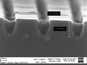 The 30 nm trenches are somewhat wider due to overexposure of E-beam resist