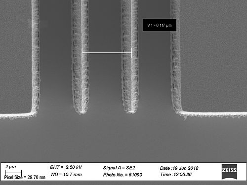 Top view: oxide is gone on the narrow lines, low roughness in the trenches.