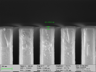 Deposition of Al2O3 on high aspect ratio Si trench structures. The trench height is 1000 nm. Deposition conditions: 100°C and 500 cycles. A Standard “Al2O3” recipe was used.