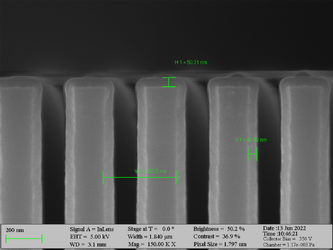 Deposition of Al2O3 on high aspect ratio Si trench structures. The trench height is 2500 nm. Deposition conditions: 100°C and 500 cycles. A Standard “Al2O3” recipe was used.
