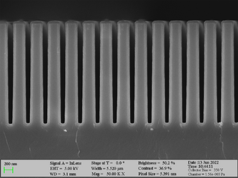 Deposition of Al2O3 on high aspect ratio Si trench structures. The trench height is 2500 nm. Deposition conditions: 100°C and 500 cycles. A Standard “Al2O3” recipe was used.