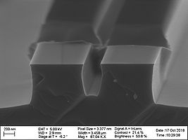 Two 1 µm wide line structure, 300 nm gap, tetch=2 min