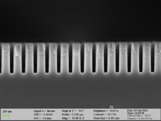 Deposition of Al2O3 on high aspect ratio Si trench structures. The trench height is 1000 nm. Deposition conditions: 100°C and 500 cycles. A Standard “Al2O3” recipe was used.