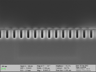 Deposition of Al2O3 on high aspect ratio Si trench structures. The trench height is 500 nm. Deposition conditions: 100°C and 500 cycles. A Standard “Al2O3” recipe was used.