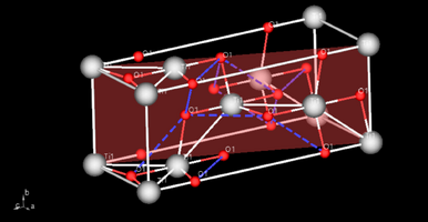 The crystal model of anatase TiO2. The transparent red plane across the lattice represents the 101 plane.