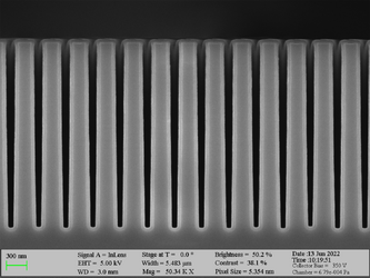Deposition of Al2O3 on high aspect ratio Si trench structures. The trench height is 3000 nm. Deposition conditions: 100°C and 500 cycles. A Standard “Al2O3” recipe was used.