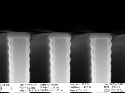 Deposition of AlN with NH3 plasma (500 cycles, 350 °C) on si trench template. It is worth mentioning that the process is not suitable for passivating structures with an aspect ratio above 10.
