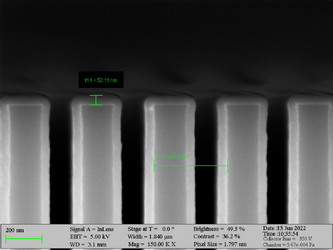 Deposition of Al2O3 on high aspect ratio Si trench structures. The trench height is 1500 nm. Deposition conditions: 100°C and 500 cycles. A Standard “Al2O3” recipe was used.
