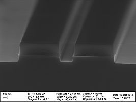 Two 1 µm wide line structure, 300 nm gap, tetch=25 s